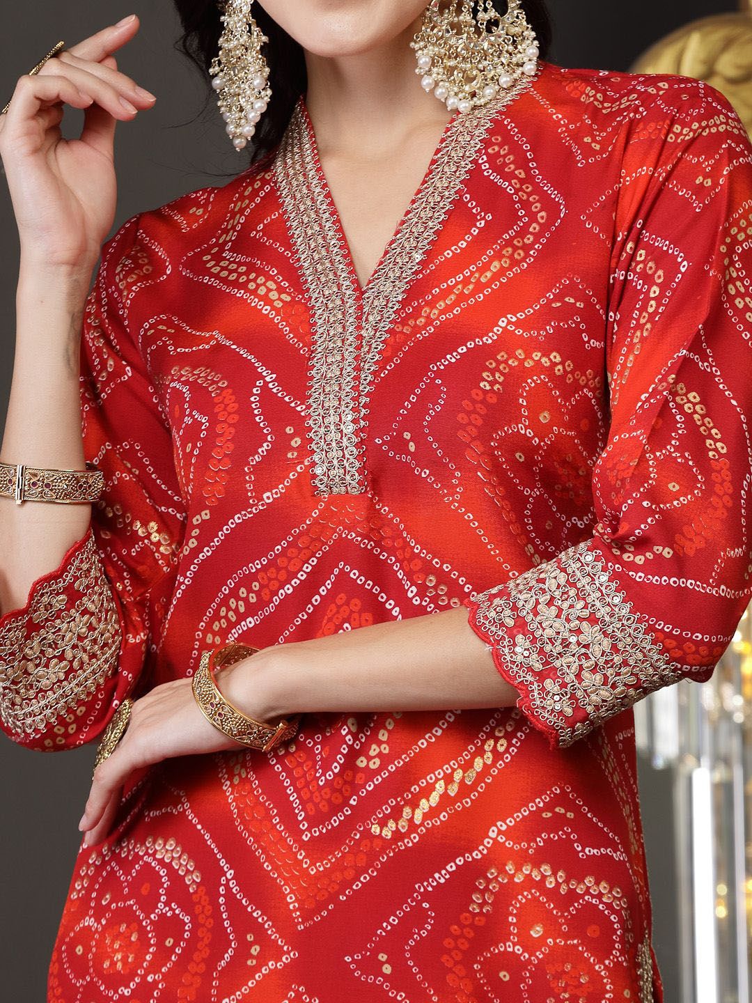 Women Bandhani Printed Regular Sequinned Kurta with Trousers & With Dupatta