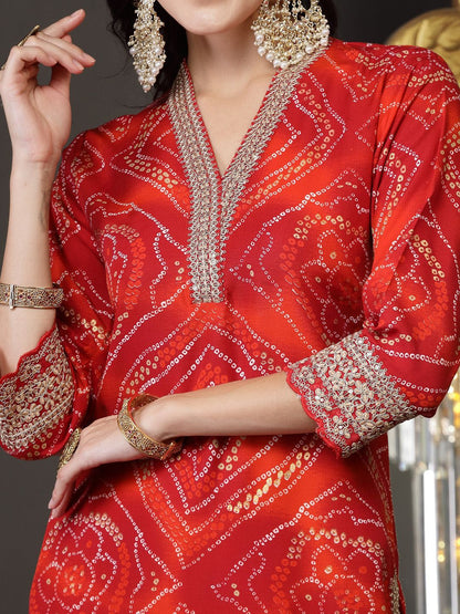 Women Bandhani Printed Regular Sequinned Kurta with Trousers & With Dupatta