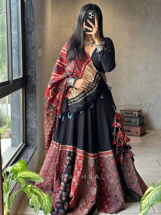 Classy Black Lehenga Choli Set with Embroidered Look Dupatta for Navratri (stitched blouse with adjustable margin)