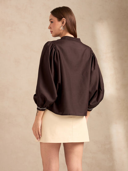 Brown Embroidered Long Sleeves Blouse