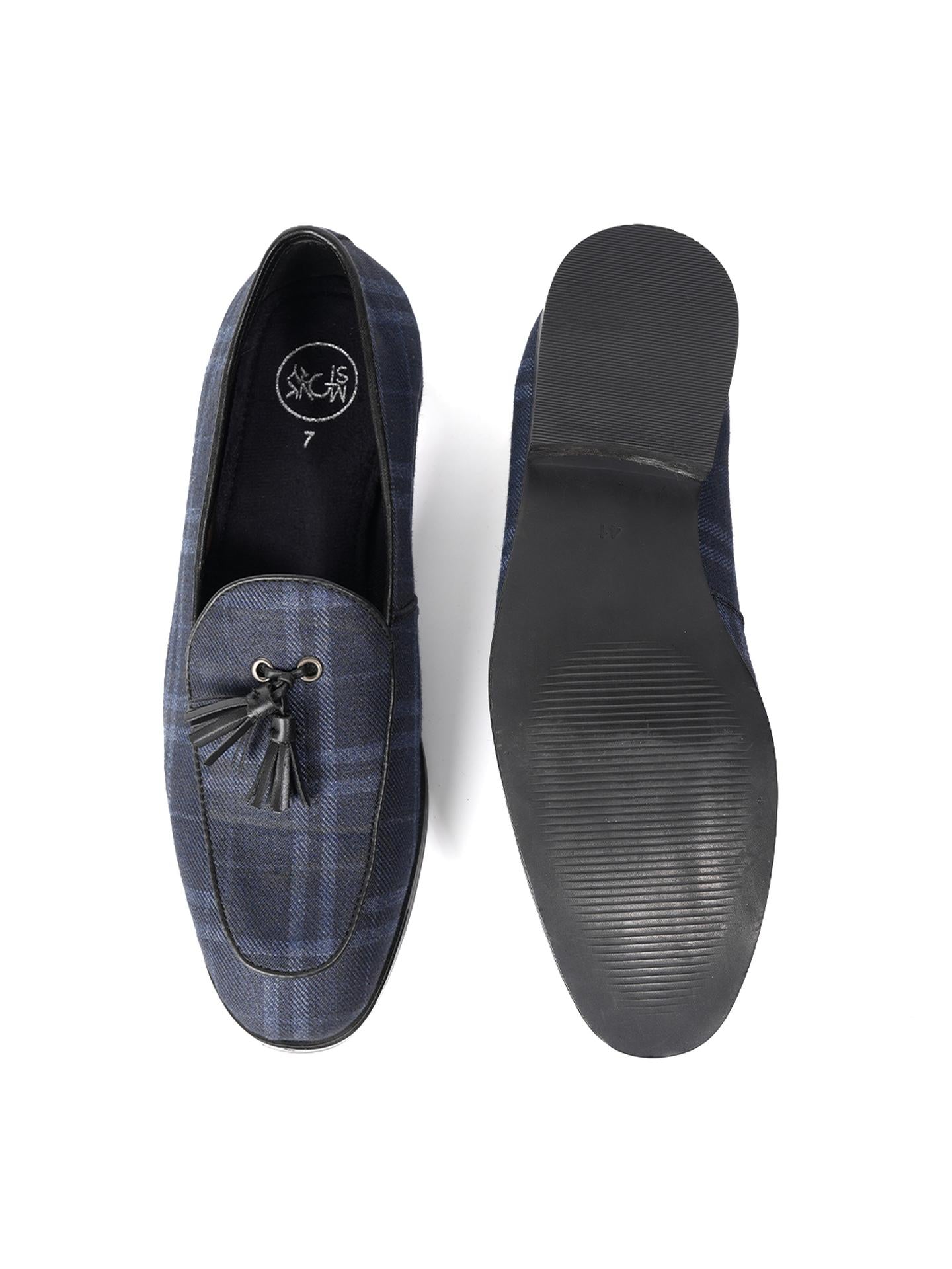 Raro Plaid Fabric Tassel Slip-Ons - Blue