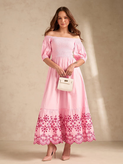 Pink Maxi Dress With Contrast Schiffli
