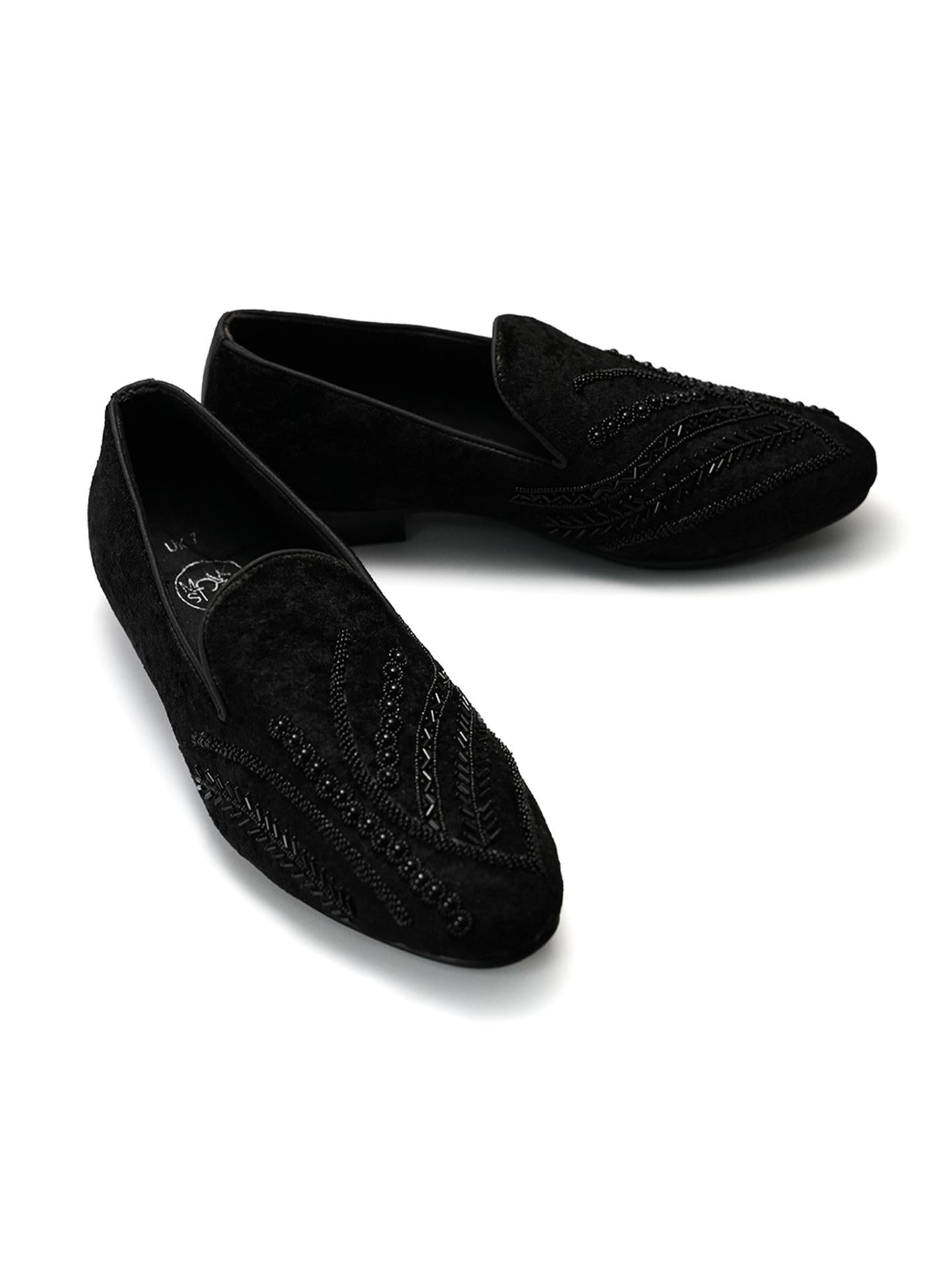 Monkstory Hand-Embroidered Embellished Slip-Ons - Black