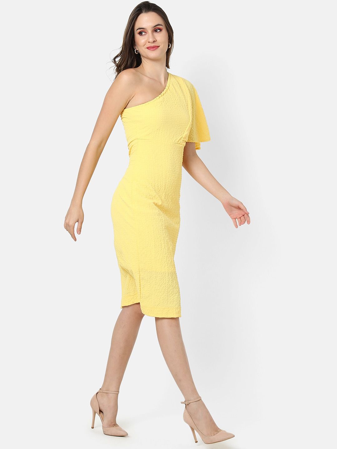 Yellow One Shoulder Crepe Bodycon Dress