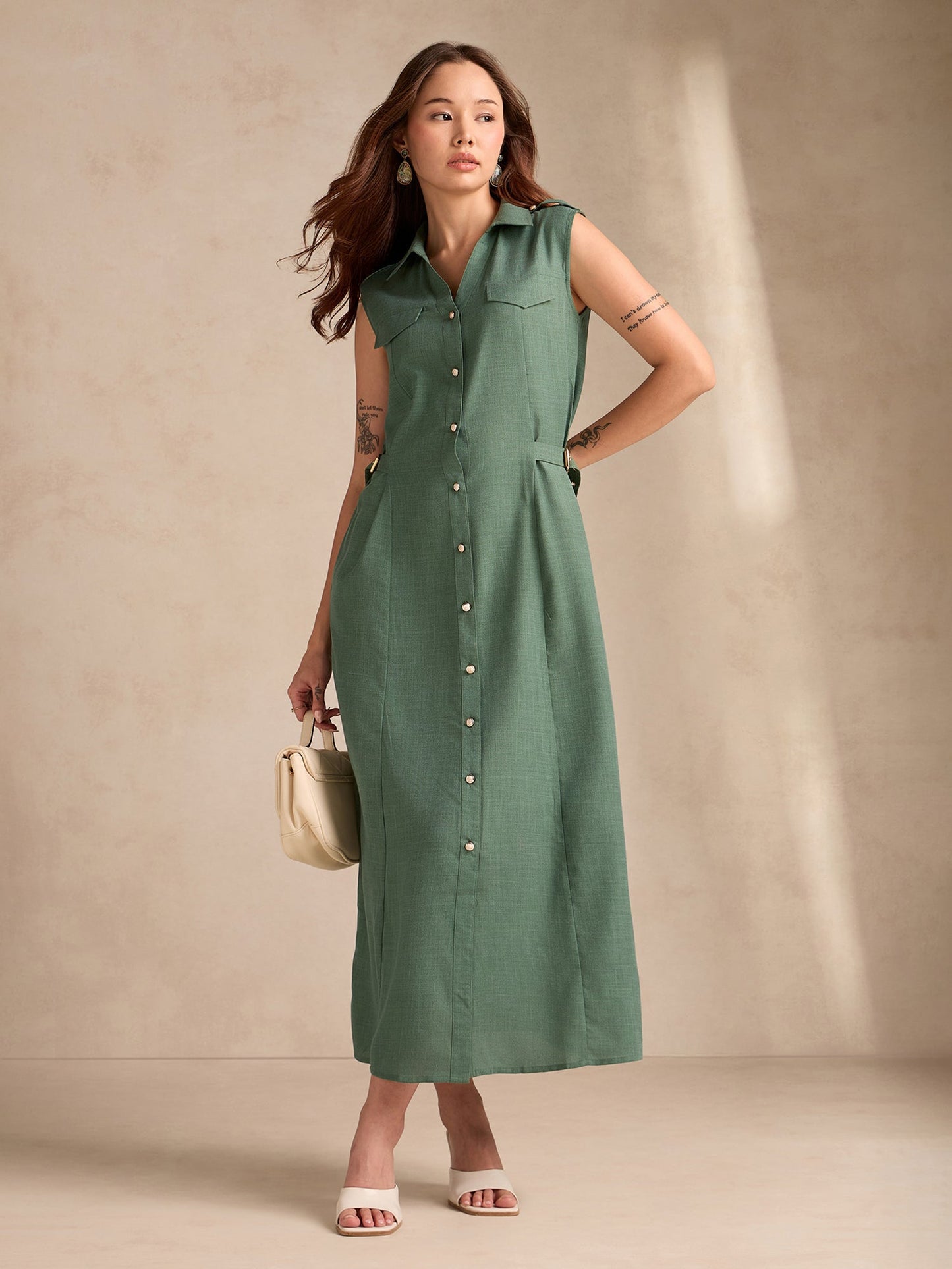 Green Button Down Shirt Dress With Metal Trims Detail