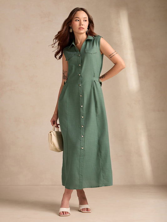 Green Button Down Shirt Dress With Metal Trims Detail