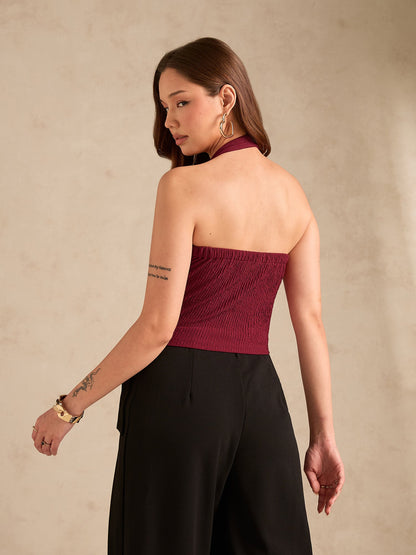 Maroon Halter Neck Tank With Metal Trim Detailing