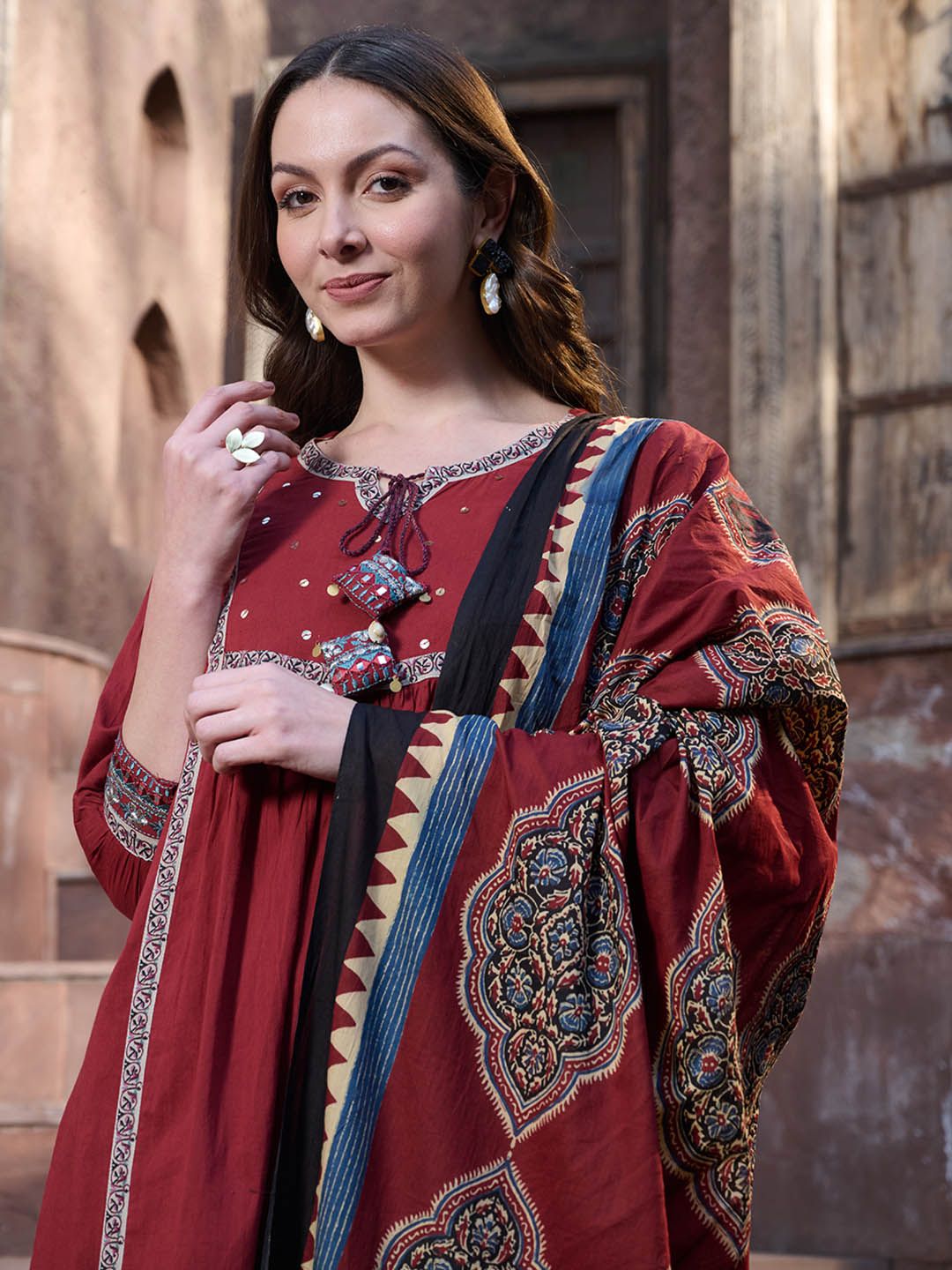 Women Regular Sequinned Pure Cotton Kurta with Trousers & With Dupatta