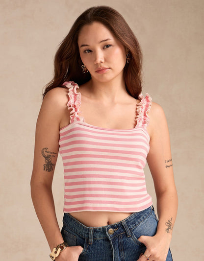 Pink Striped Rib Tank Top With Ruffle Straps