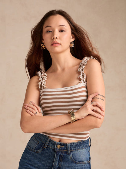 Brown Striped Rib Tank Top With Ruffle Straps