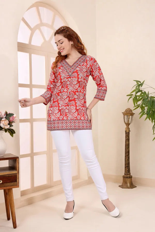 Red Cotton Short Kurti Tunic Top with Ethnic Motifs for Women