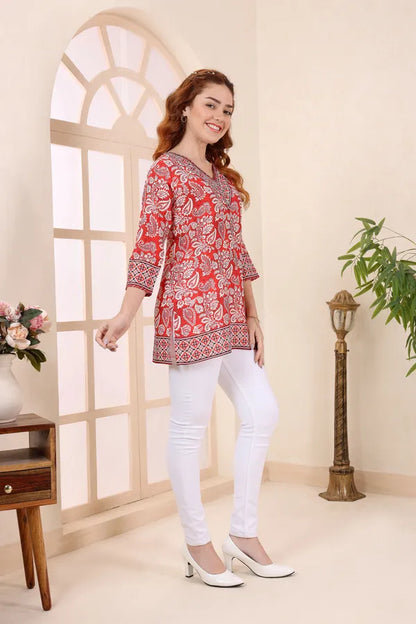 Red Cotton Short Kurti Tunic Top with Ethnic Motifs for Women