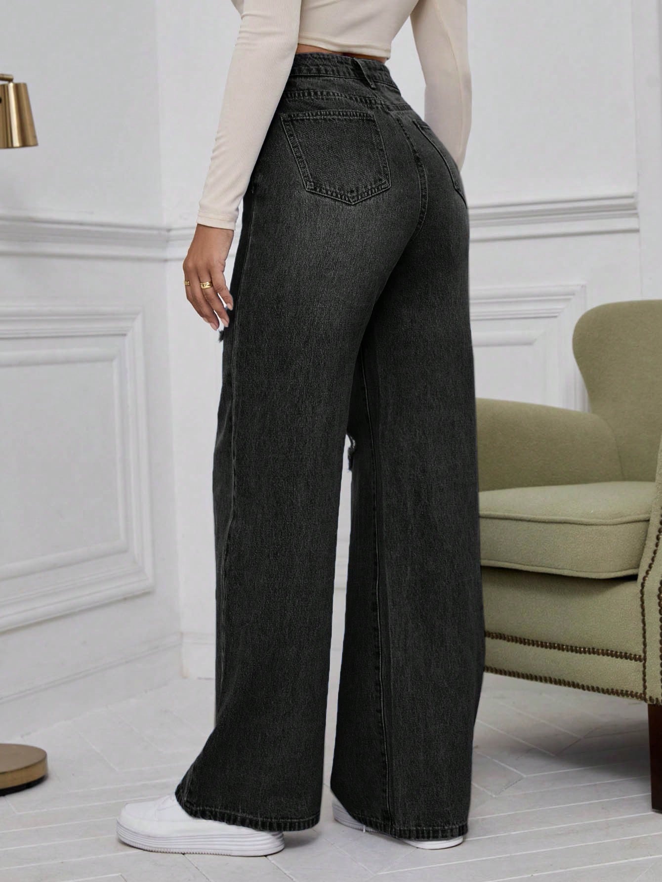 Black Knee And Thigh Distressed Baggy Jeans