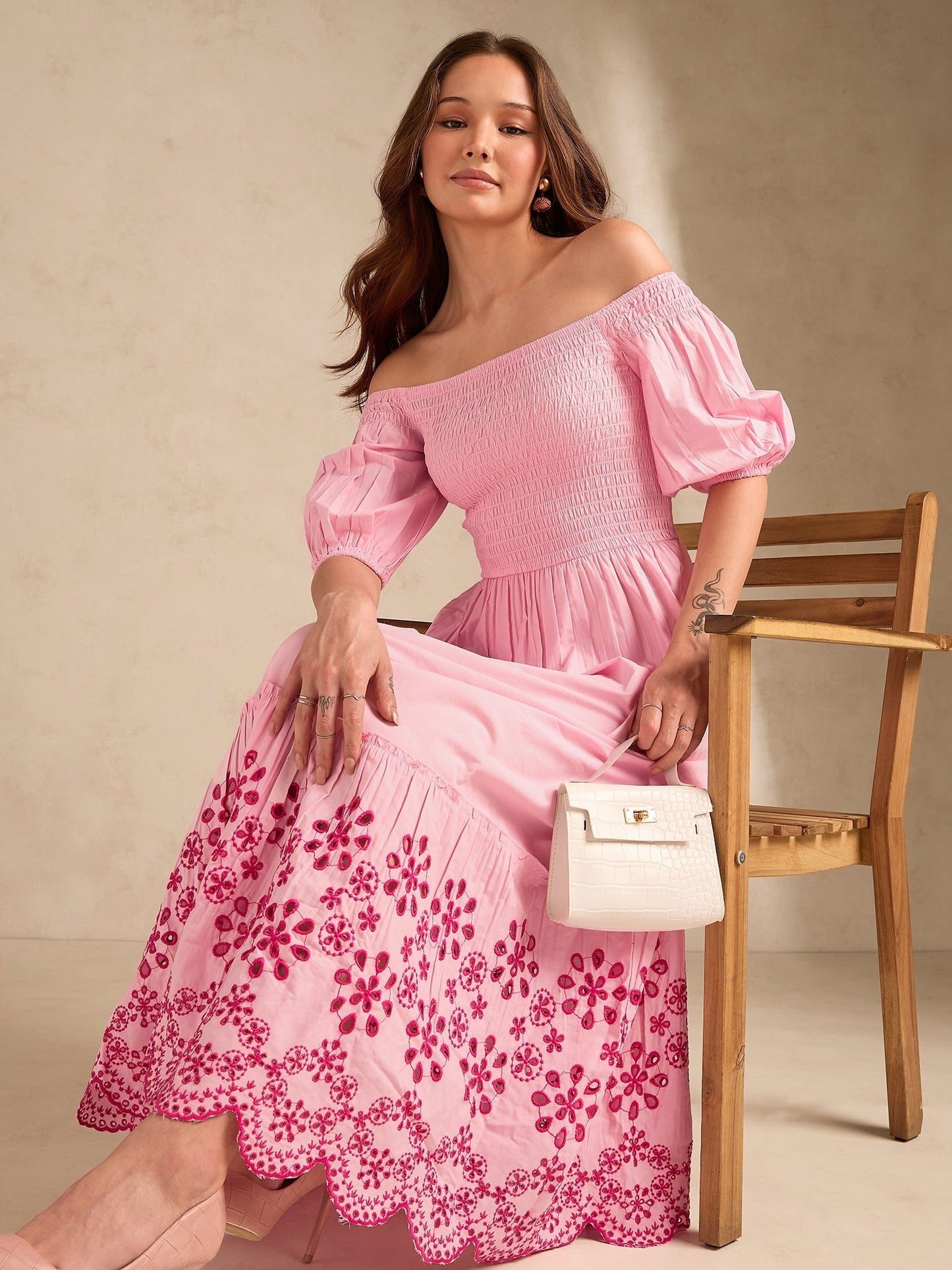 Pink Maxi Dress With Contrast Schiffli