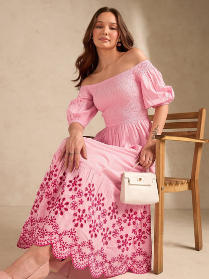 Pink Maxi Dress With Contrast Schiffli