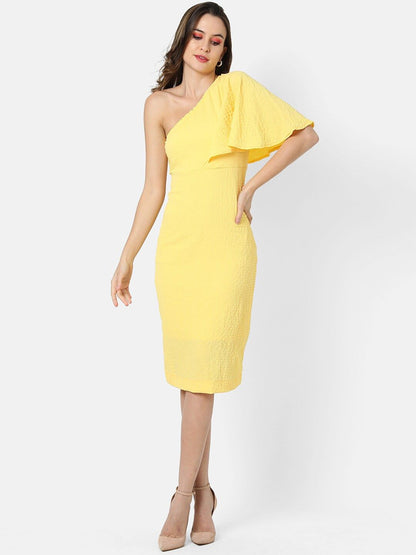 Yellow One Shoulder Crepe Bodycon Dress