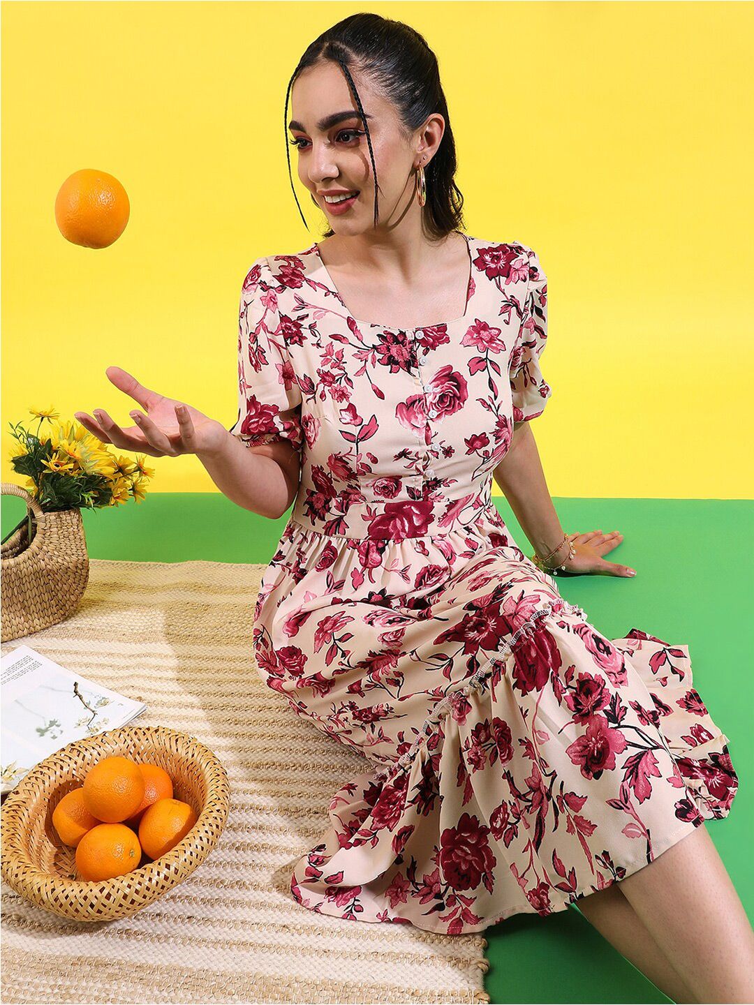 Beige Floral Printed Square Neck Puff Sleeves Tiered Fit & Flare Dress