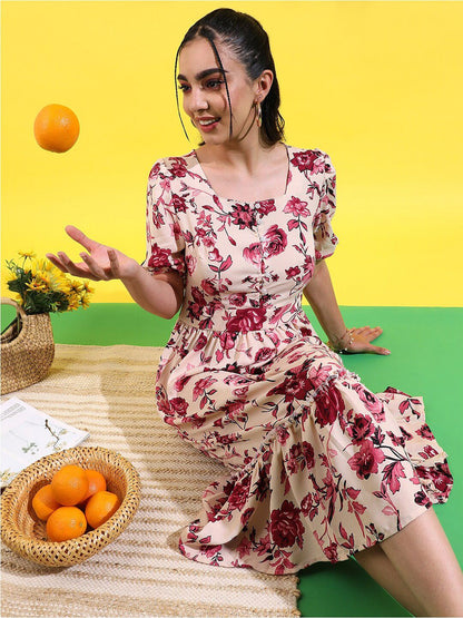 Beige Floral Printed Square Neck Puff Sleeves Tiered Fit & Flare Dress
