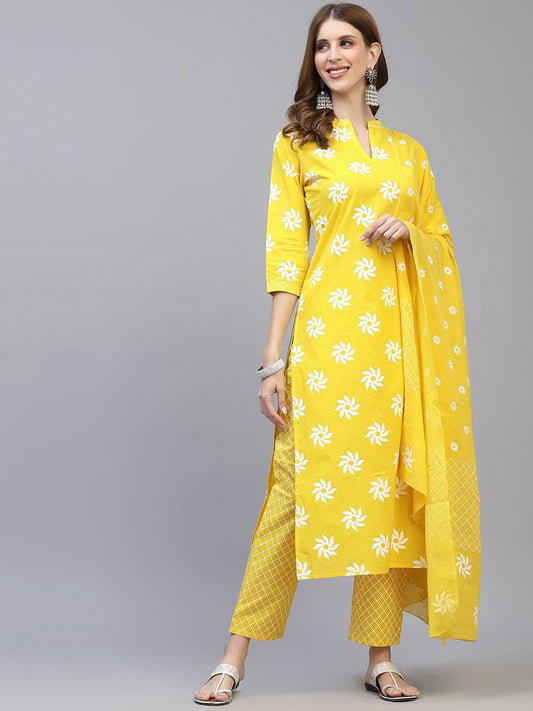 Women Yellow Straight Pure Cotton Kurta with Trousers & Dupatta