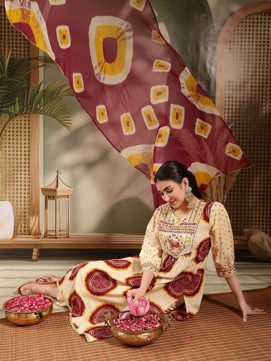 Women Bandhani Printed Thread Work Pure Cotton Kurta with Trousers & With Dupatta