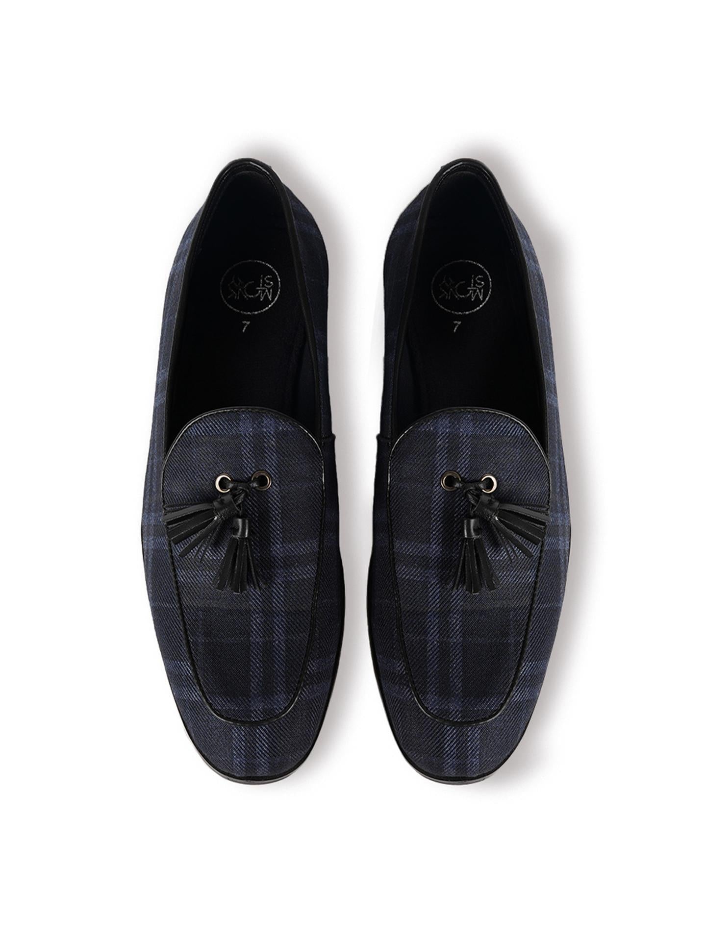 Raro Plaid Fabric Tassel Slip-Ons - Blue