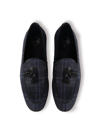 Raro Plaid Fabric Tassel Slip-Ons - Blue