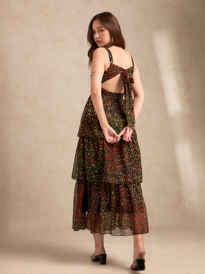 Multi Maxi Printed Tired Dress With Backless Look