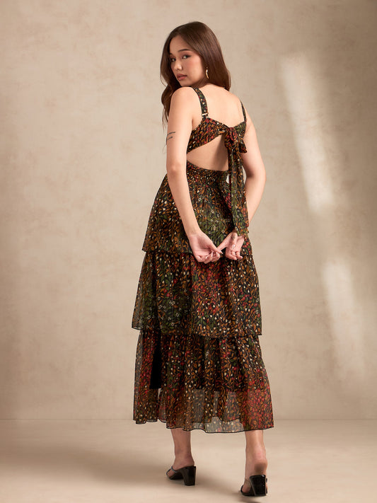Multi Maxi Printed Tired Dress With Backless Look