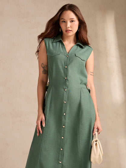 Green Button Down Shirt Dress With Metal Trims Detail