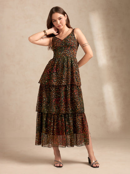 Multi Maxi Printed Tired Dress With Backless Look