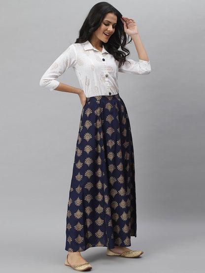 Women Off White & Navy Blue Printed Shirt with Skirt