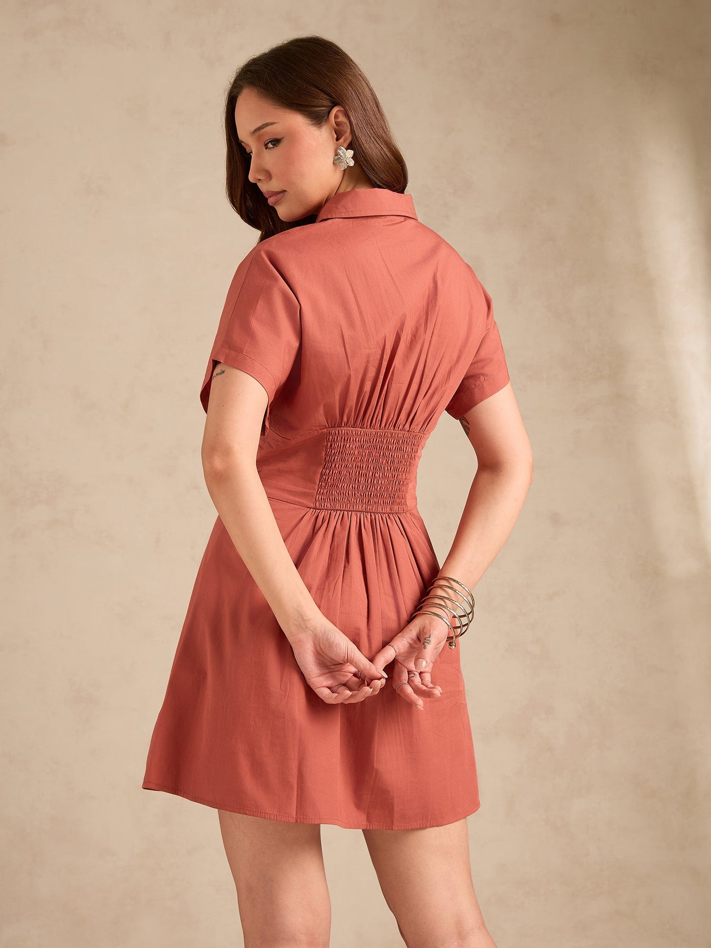 Rust Dolman Fit Printed Shirt Dress With Belt Detail