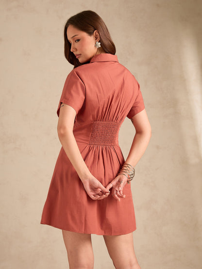 Rust Dolman Fit Printed Shirt Dress With Belt Detail