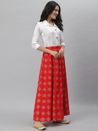 Women Off White & Red Printed Shirt with Skirt