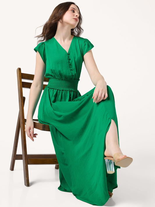 Green Tiered Maxi Length Flared Dress