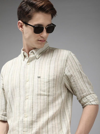 Men Cotton Linen Button-Down Collar Slim Fit Striped Casual Shirt