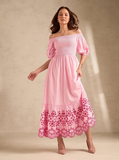 Pink Maxi Dress With Contrast Schiffli