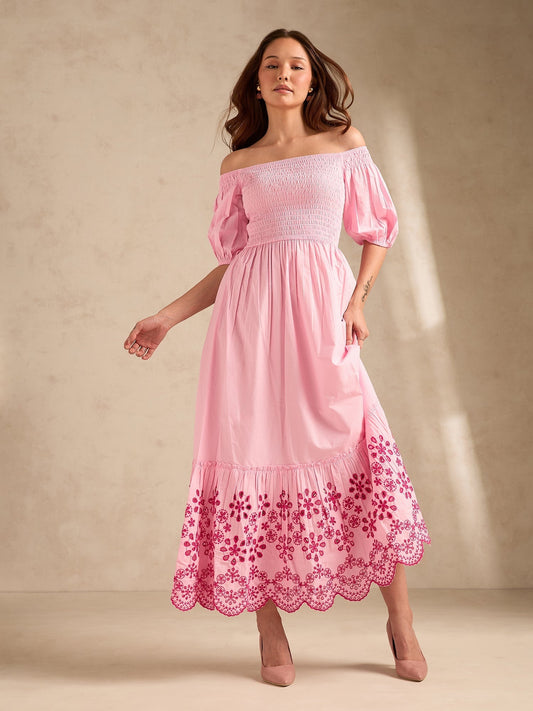 Pink Maxi Dress With Contrast Schiffli