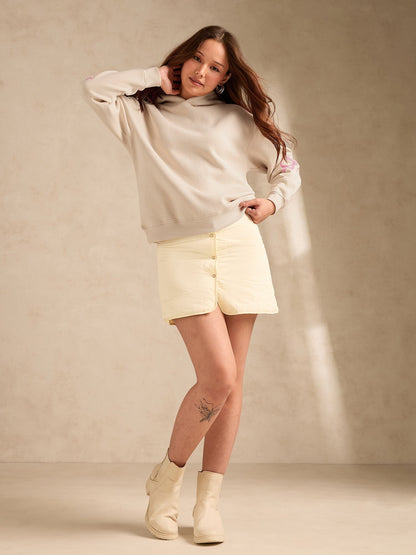 Cream Pastel Bow Detail Russian Fleece Hooded Sweatshirt