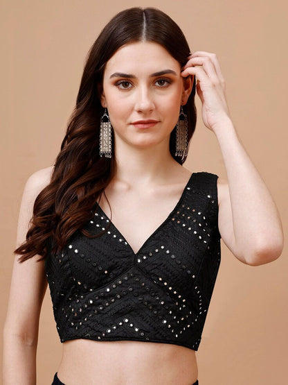 Mirror Work Embellished Sleeveless Saree Blouse