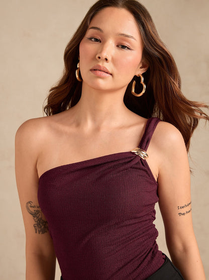 Wine One Shoulder Textured Metal Trim Top
