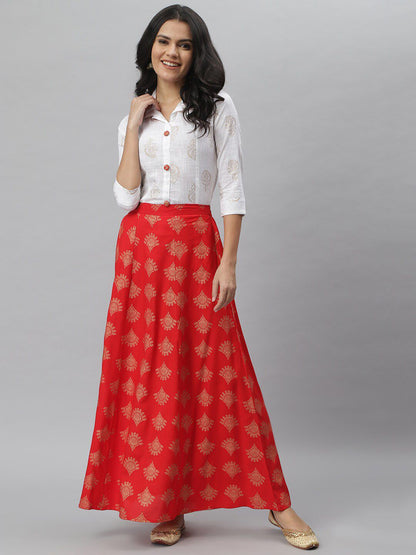 Women Off White & Red Printed Shirt with Skirt