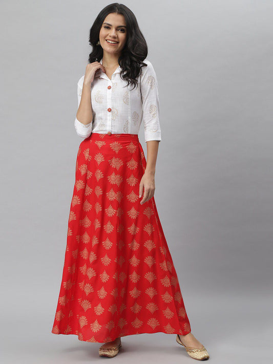 Women Off White & Red Printed Shirt with Skirt