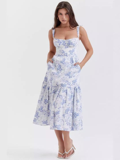 Blue Floral Printed Tiered A-Line Dress