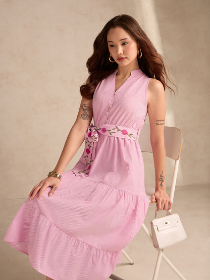 Pink Flared Tiered Stripe Shirt Dress With Embroidered Belt