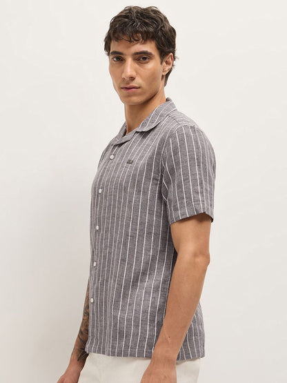 Men Relaxed Fit Vertical Striped Cuban Collar Linen Casual Shirt
