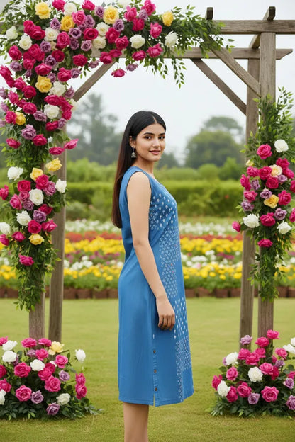 Light Blue Stylish Denim Dress With Beautiful Print And Embellishment