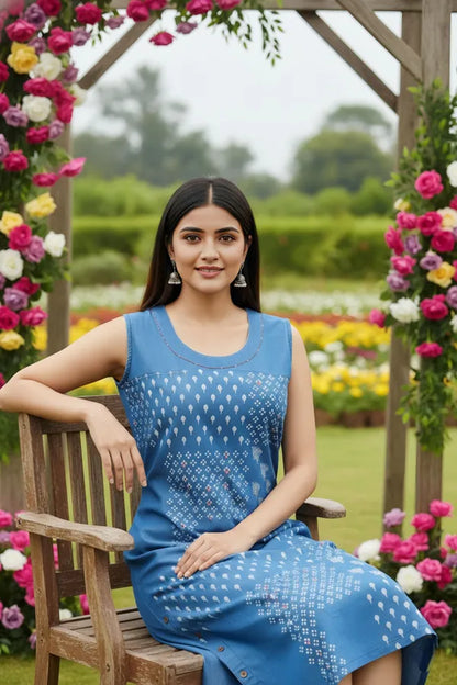 Light Blue Stylish Denim Dress With Beautiful Print And Embellishment