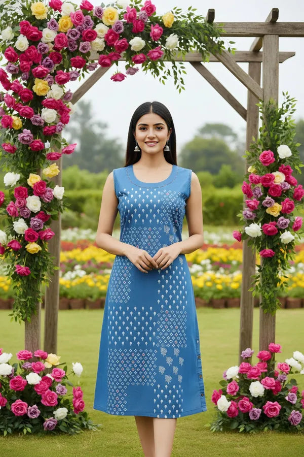 Light Blue Stylish Denim Dress With Beautiful Print And Embellishment