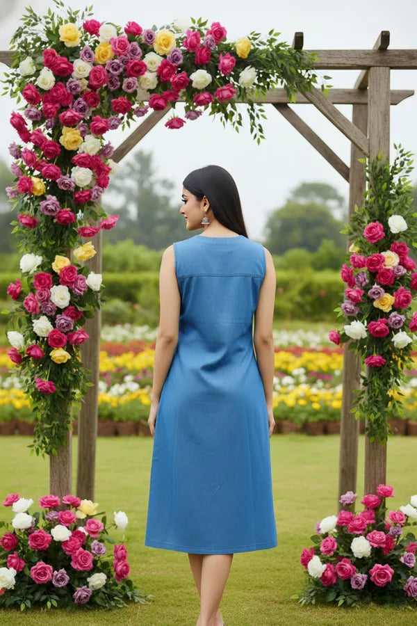 Light Blue Stylish Denim Dress With Beautiful Print And Embellishment